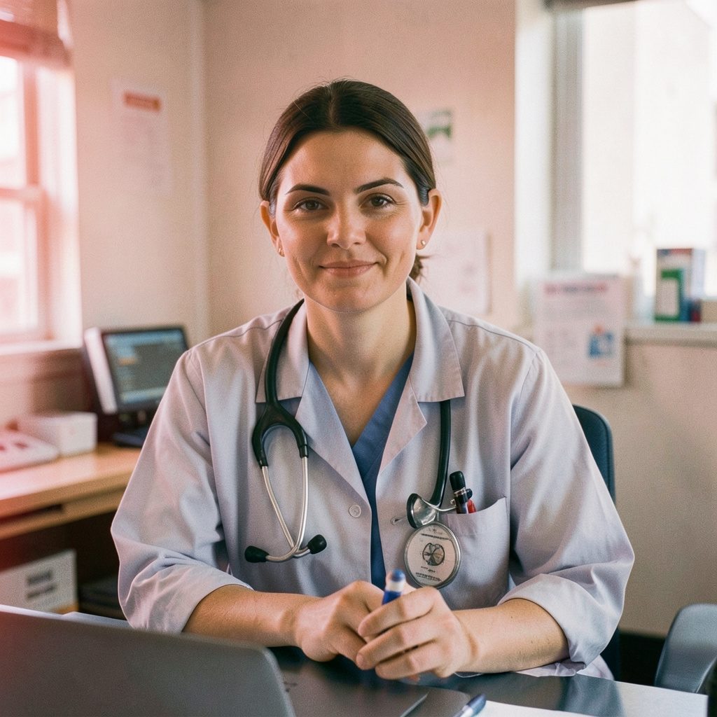 Soft-focus documentary photograph of a healthcare training environment in muted mauve and warm gold tones, with shallow depth of field and a calm, professional mood.