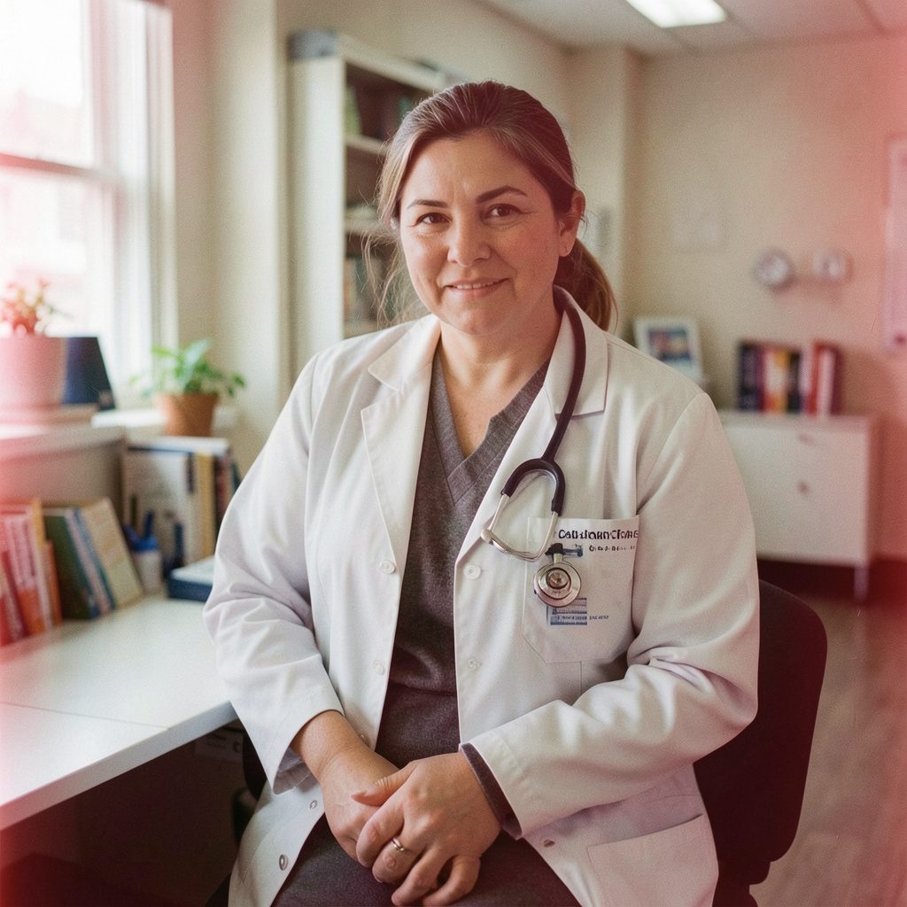 Soft warm-toned documentary photograph of a clinical training room with muted mauve walls, gentle natural lighting, and a sense of focused professional study.