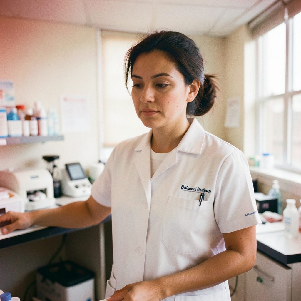 Candid documentary photo of pharmacy technicians at work, soft warm tones, no identifiable people.