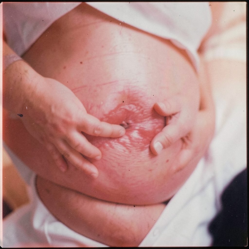 Documentary photograph of an abdominal ultrasonography scan monitor, muted warm tones, clinical and calm.