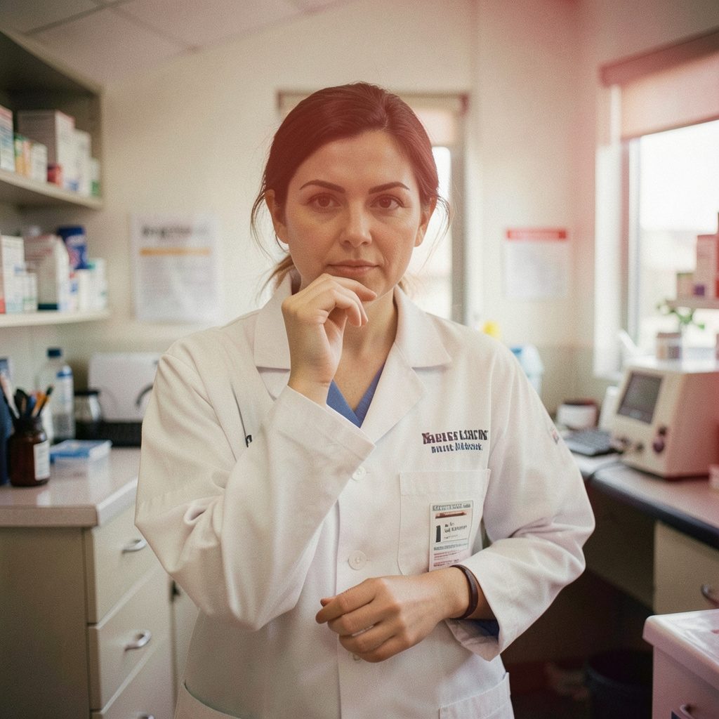 Candid documentary photograph of a pharmacy technician in a softly lit dispensary, organizing medication bottles on warm beige and muted rose shelves, with a calm professional atmosphere.